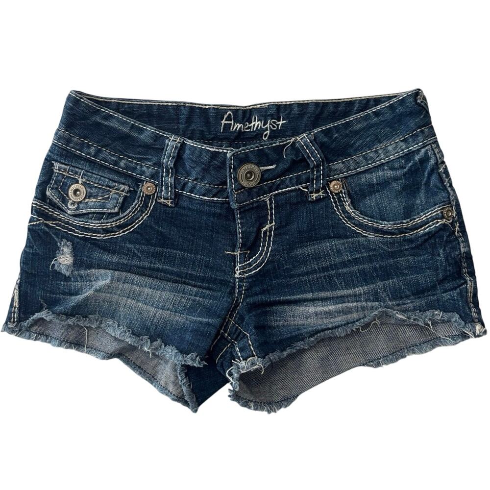 Y2K Amethyst micro mini denim shorts Sz 1 raw hem embroidered blue Coachella